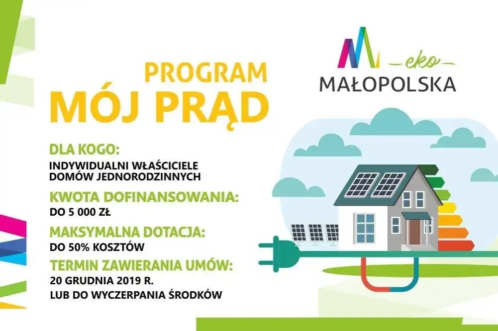 Logo programów Mój Prąd i Czyste Powietrze oraz symbol ulgi termomodernizacyjnej
