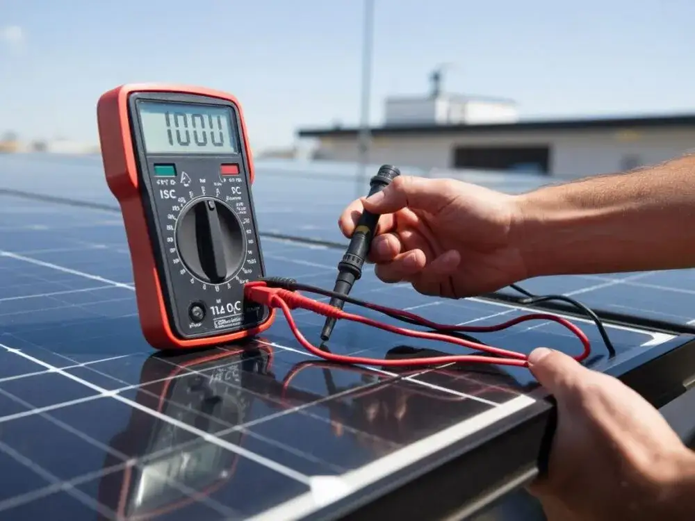 Elektryk przy panelach fotowoltaicznych