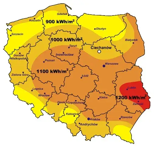 Mapa nasłonecznienia Polski fotowoltaika