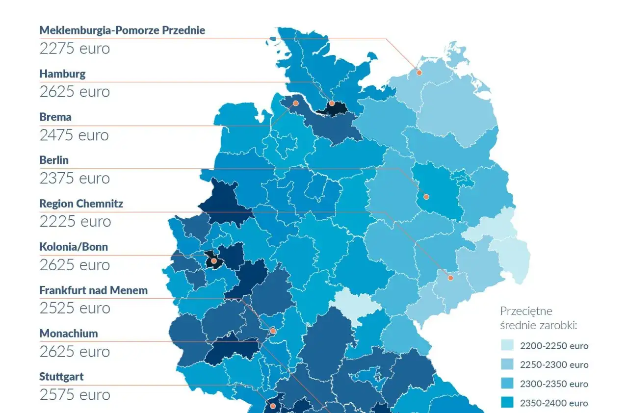 Mapa Niemiec zarobki inżynierów elektryków według landów