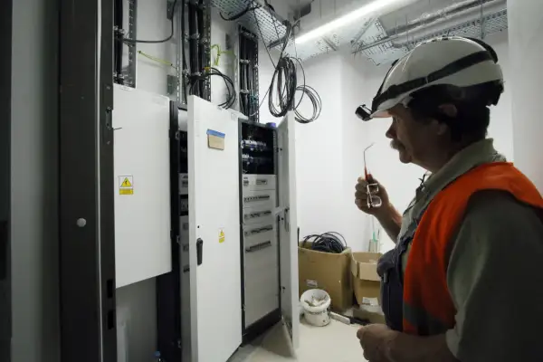 Elektryk w kasku i kamizelce odblaskowej przy skrzynce elektrycznej.